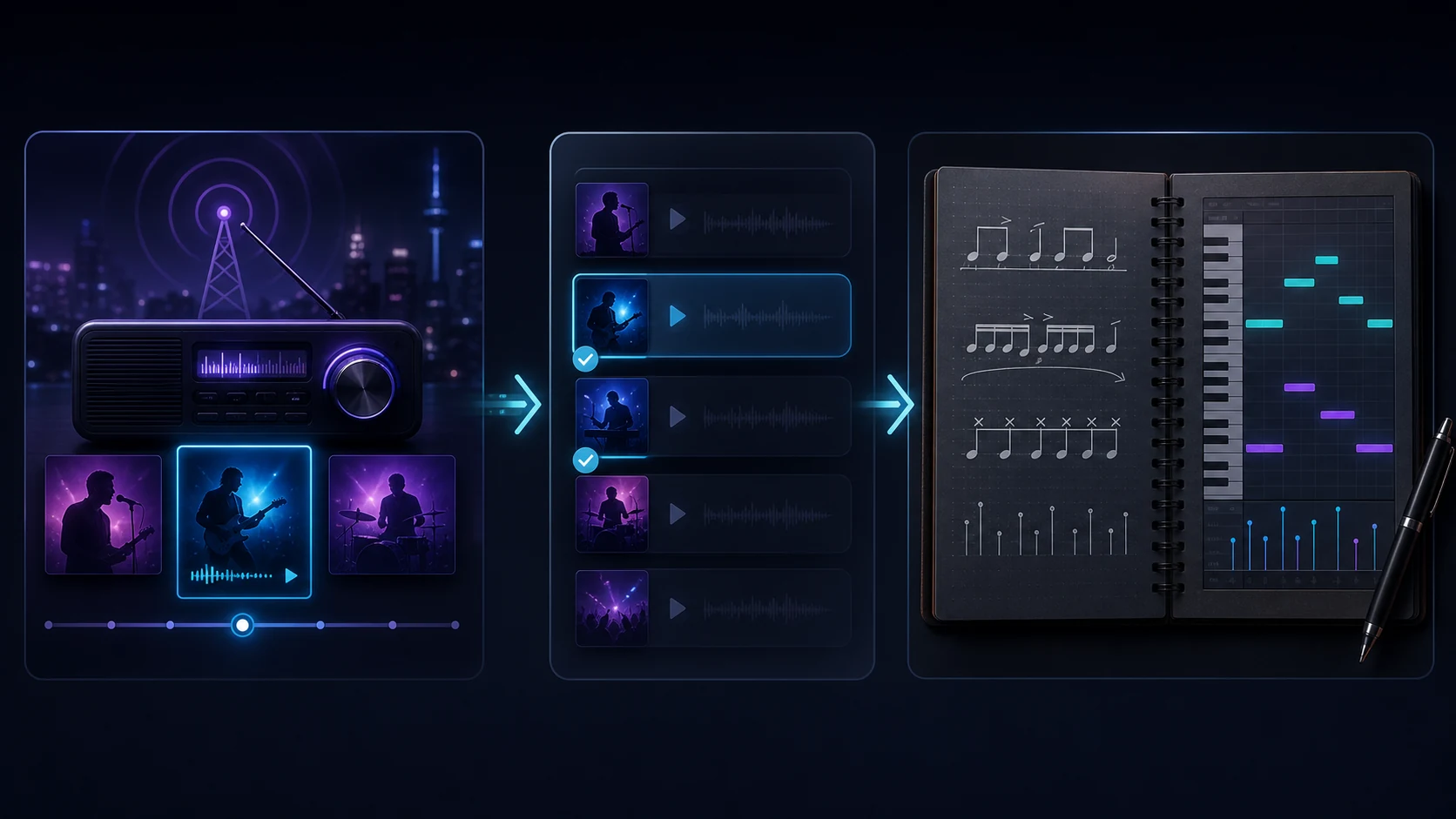 Conceptual workflow from radio discovery to saved references and music-production notes