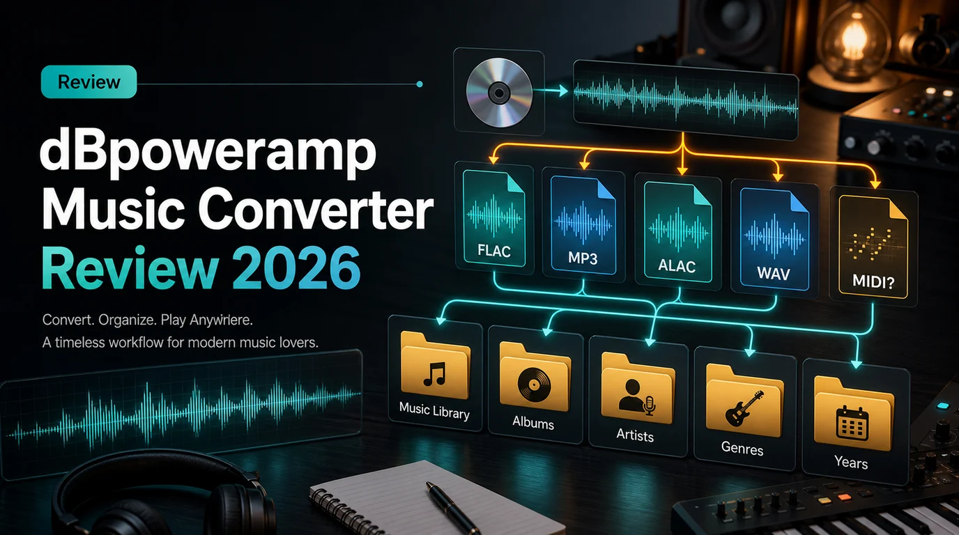 Couverture d'avis dBpoweramp Music Converter avec cartes de formats audio et dossiers de bibliothèque