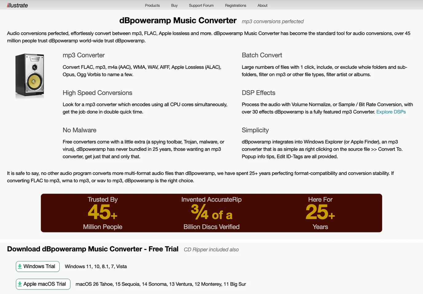 dBpoweramp Music Converter official page showing conversion formats, batch conversion, DSP effects, and trial download buttons