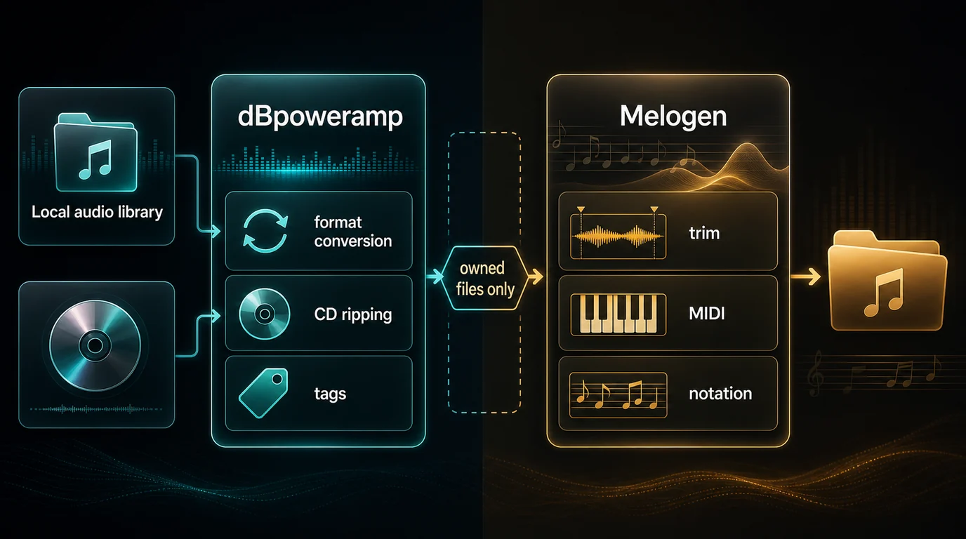 Workflow diagram comparing dBpoweramp format conversion with Melogen trimming, MIDI, and notation paths for owned files