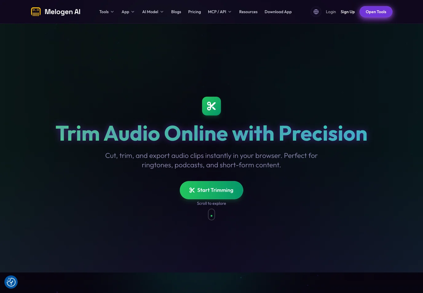 Melogen Music Trimmer page showing browser-based audio trimming for owned audio clips