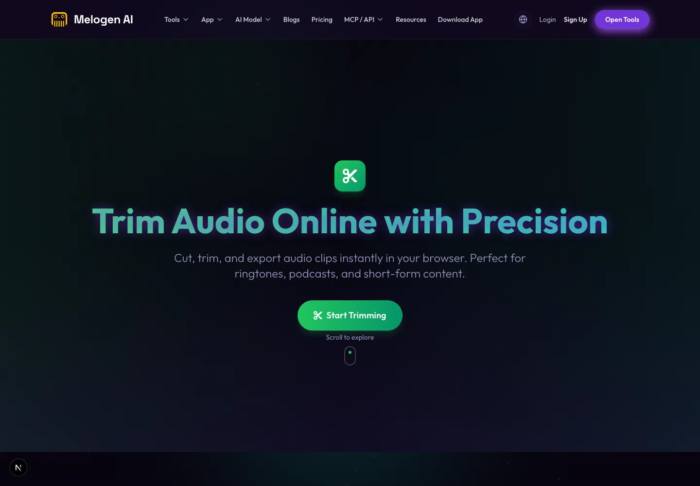 Melogen Music Trimmer page for cutting and previewing an authorized local audio file