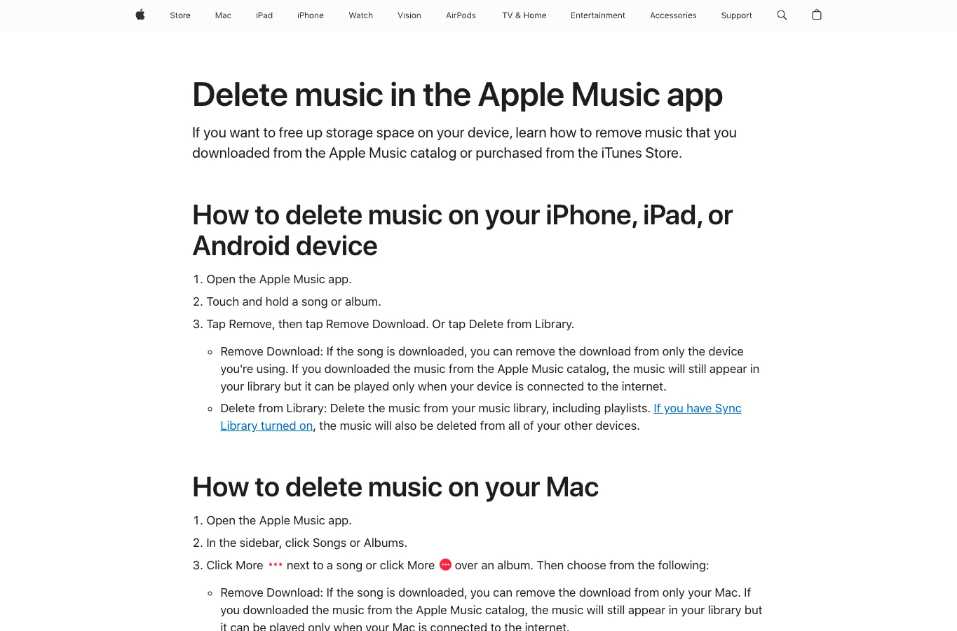 Apple Support page explaining Remove Download and Delete from Library in the Apple Music app