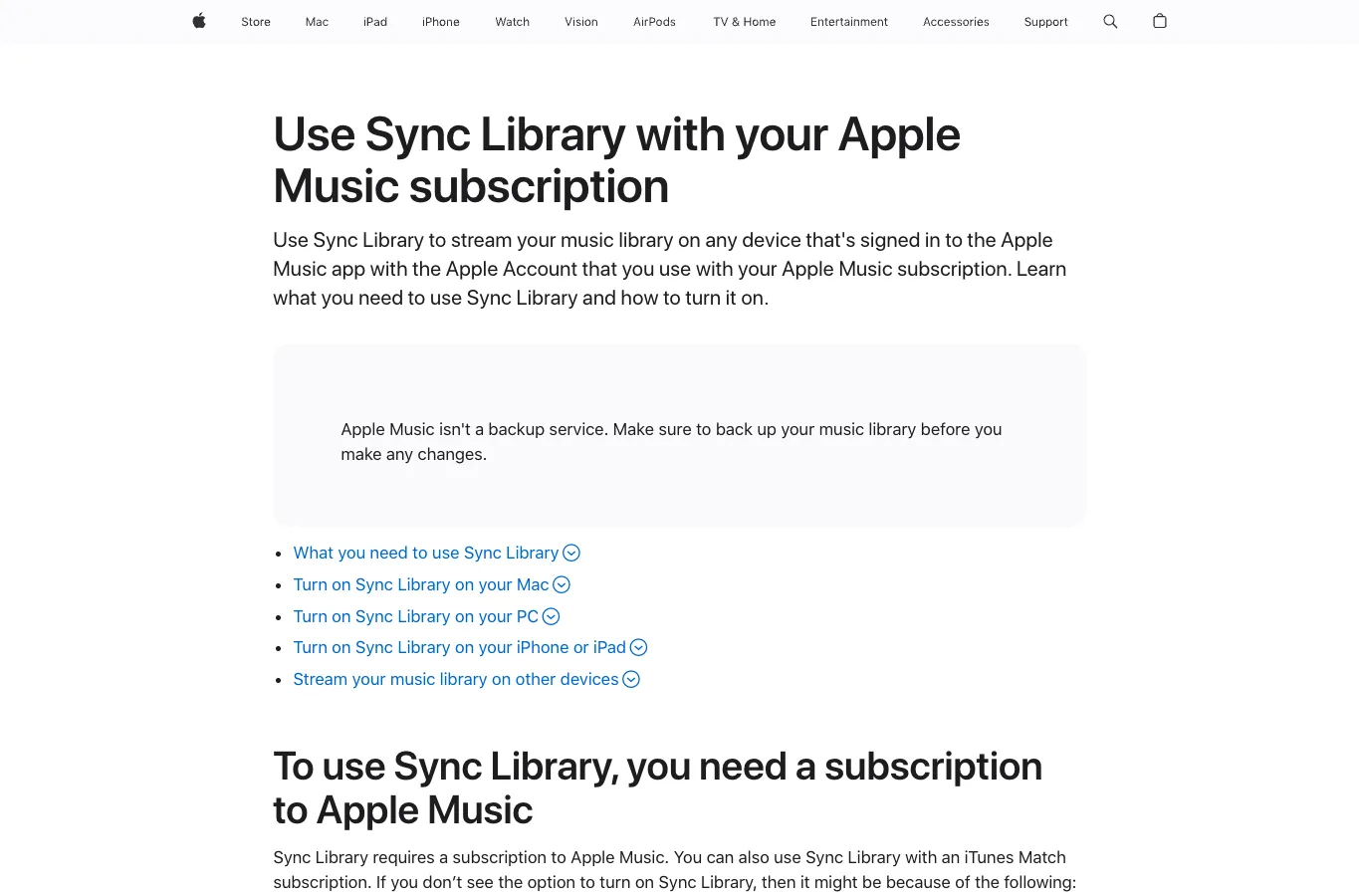 Apple Sync Library support page warning that Apple Music is not a backup service