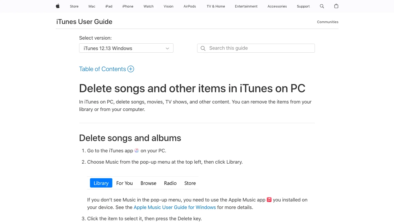 Apple iTunes User Guide page showing the delete songs and albums workflow on PC
