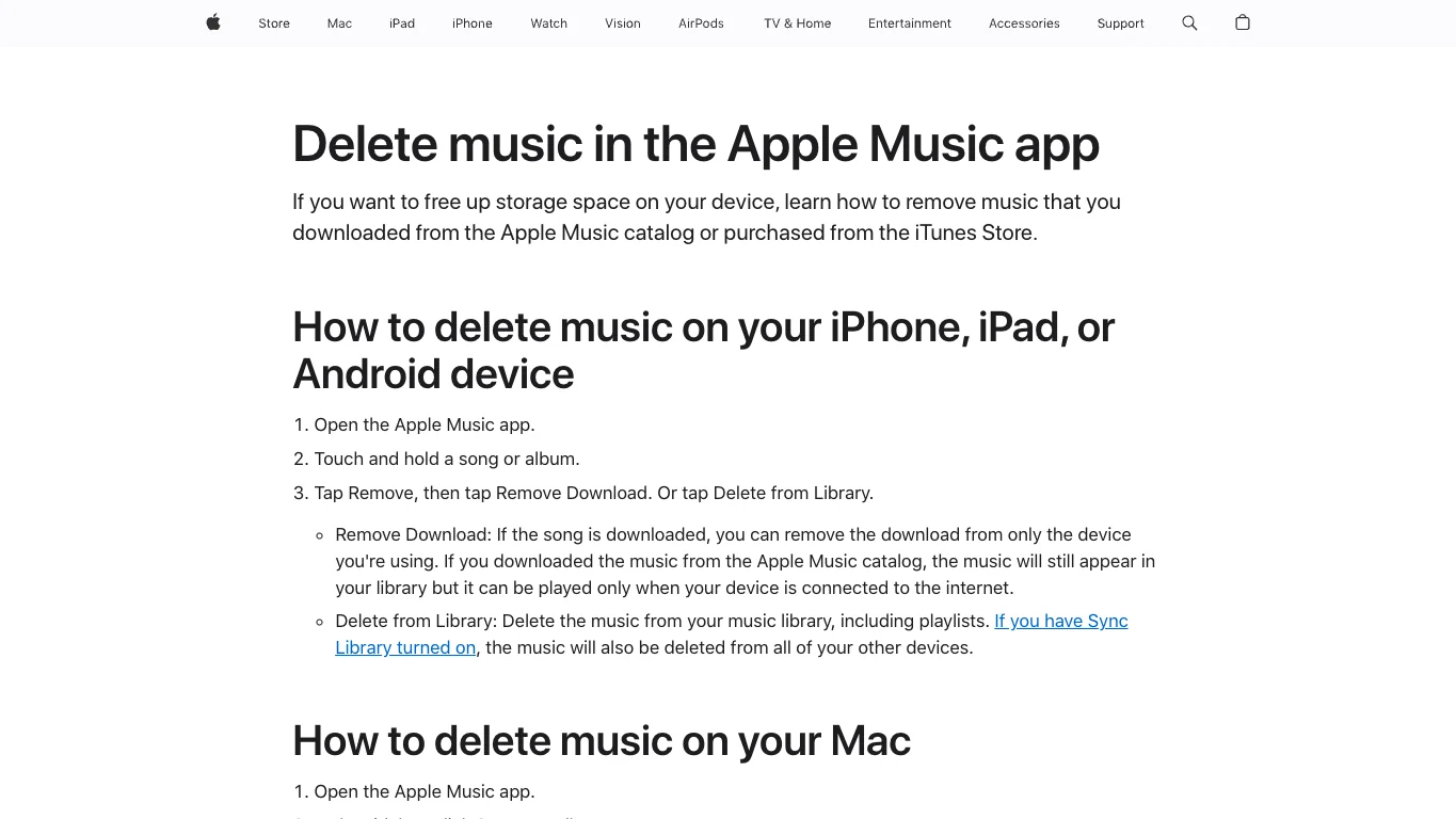 Apple Support page explaining Remove Download and Delete from Library in Apple Music