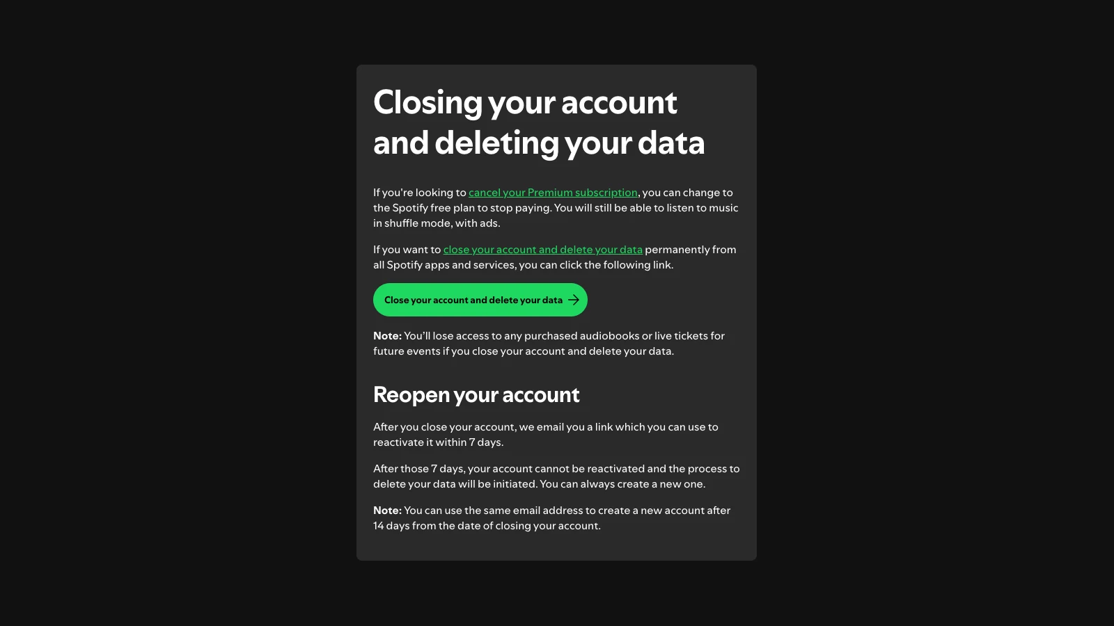 Official Spotify support page explaining account closure and the recovery window