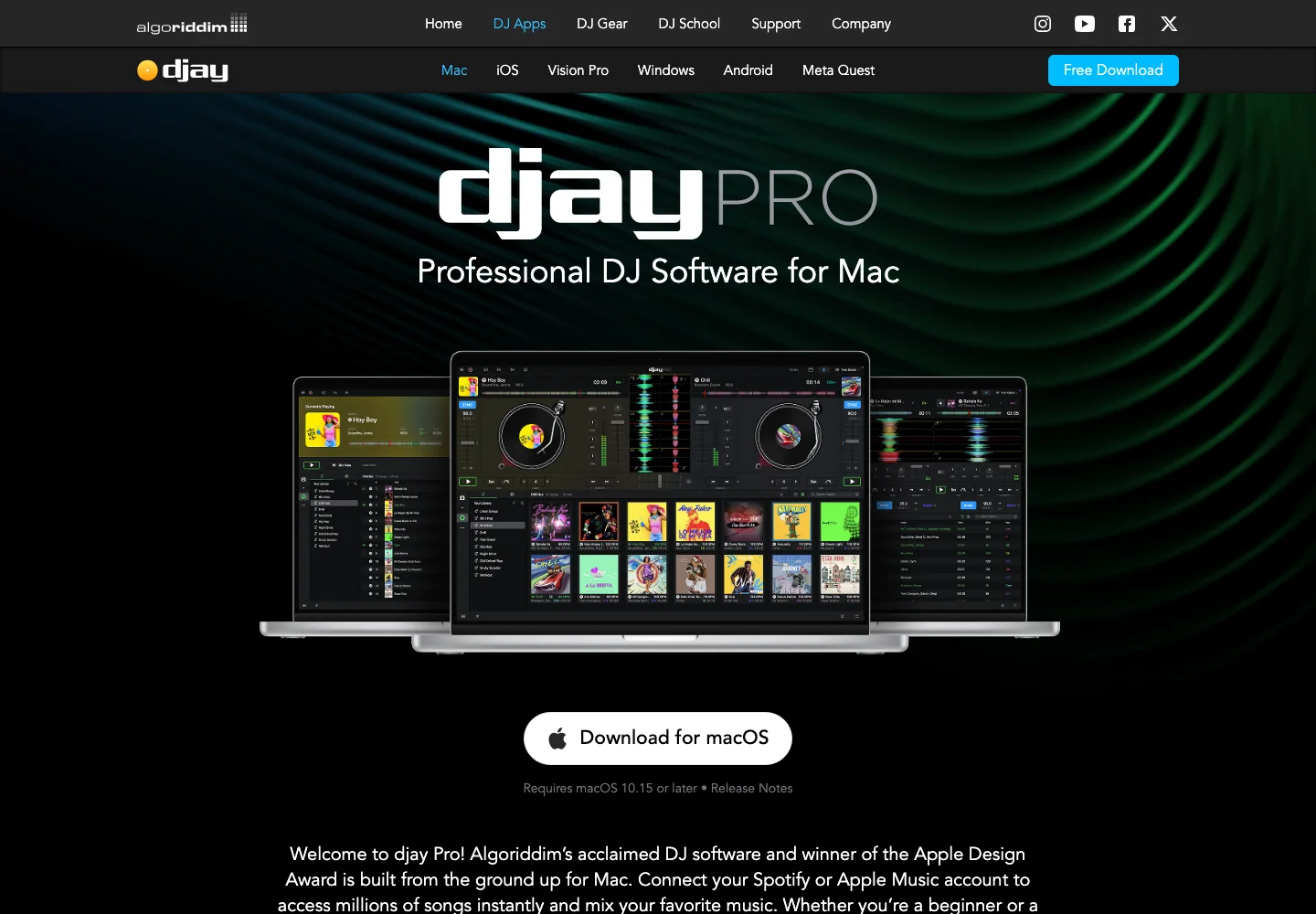 Algoriddim djay Pro official page showing Apple Music access in DJ software