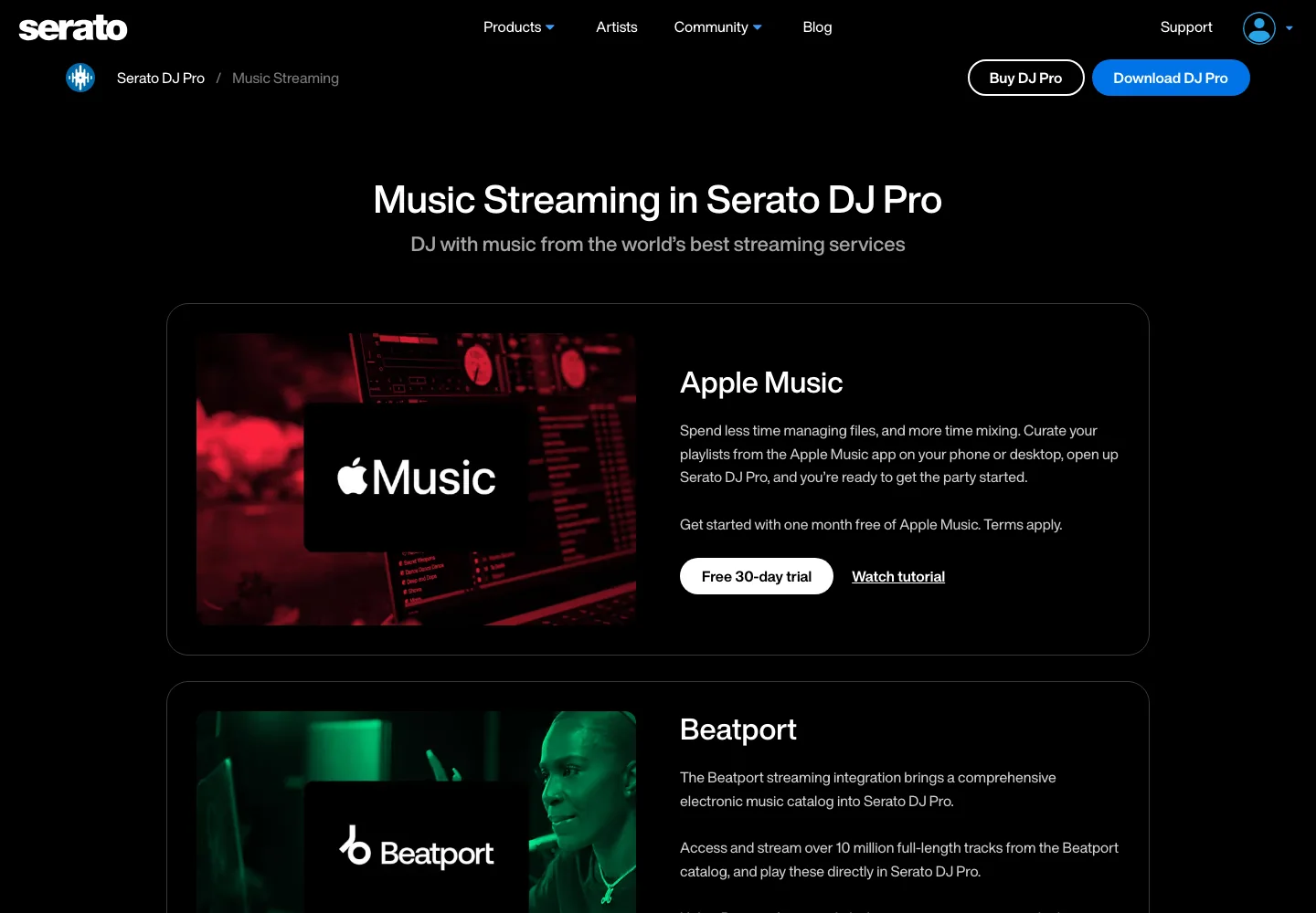Serato DJ Pro official music streaming page showing Apple Music support