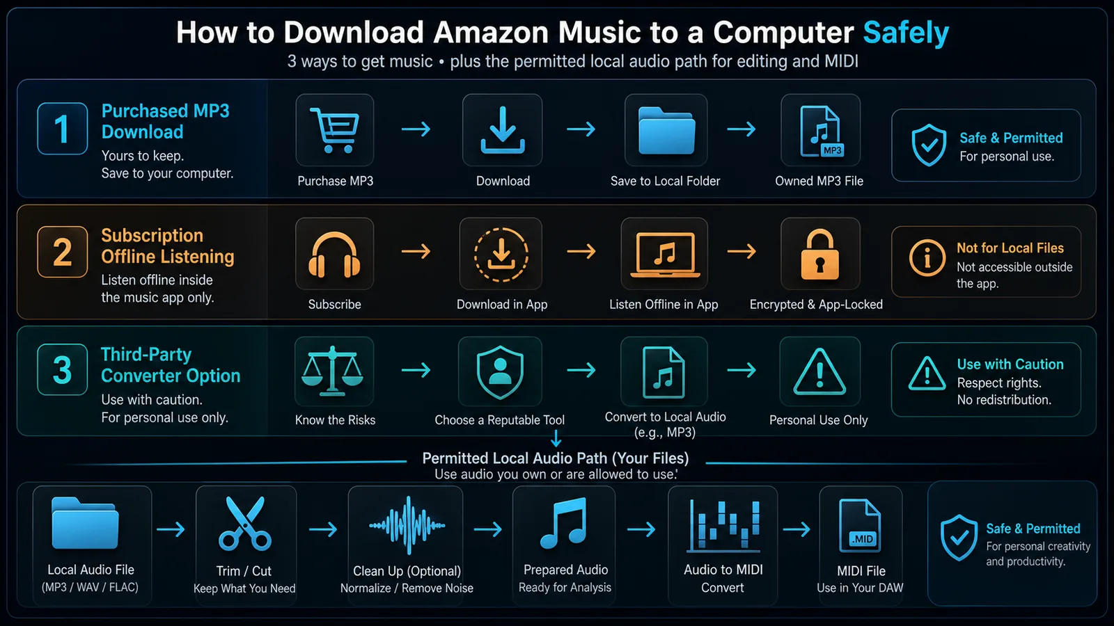 Three Amazon Music download paths showing purchased files, app-only offline listening, and a third-party converter option