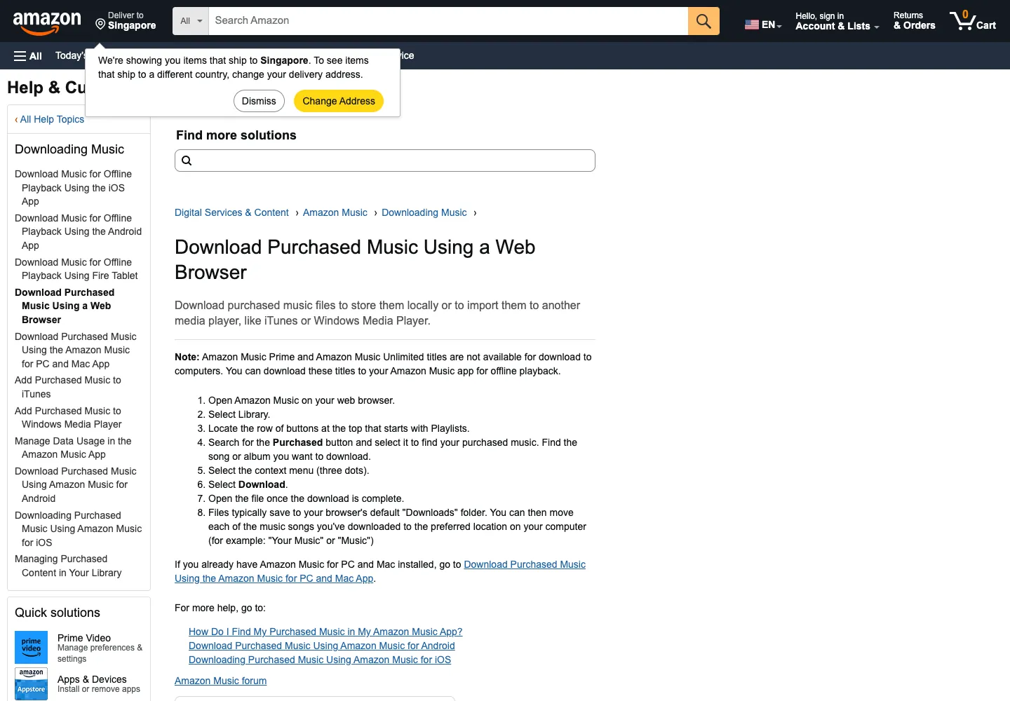 Amazon help page for downloading purchased music using a web browser