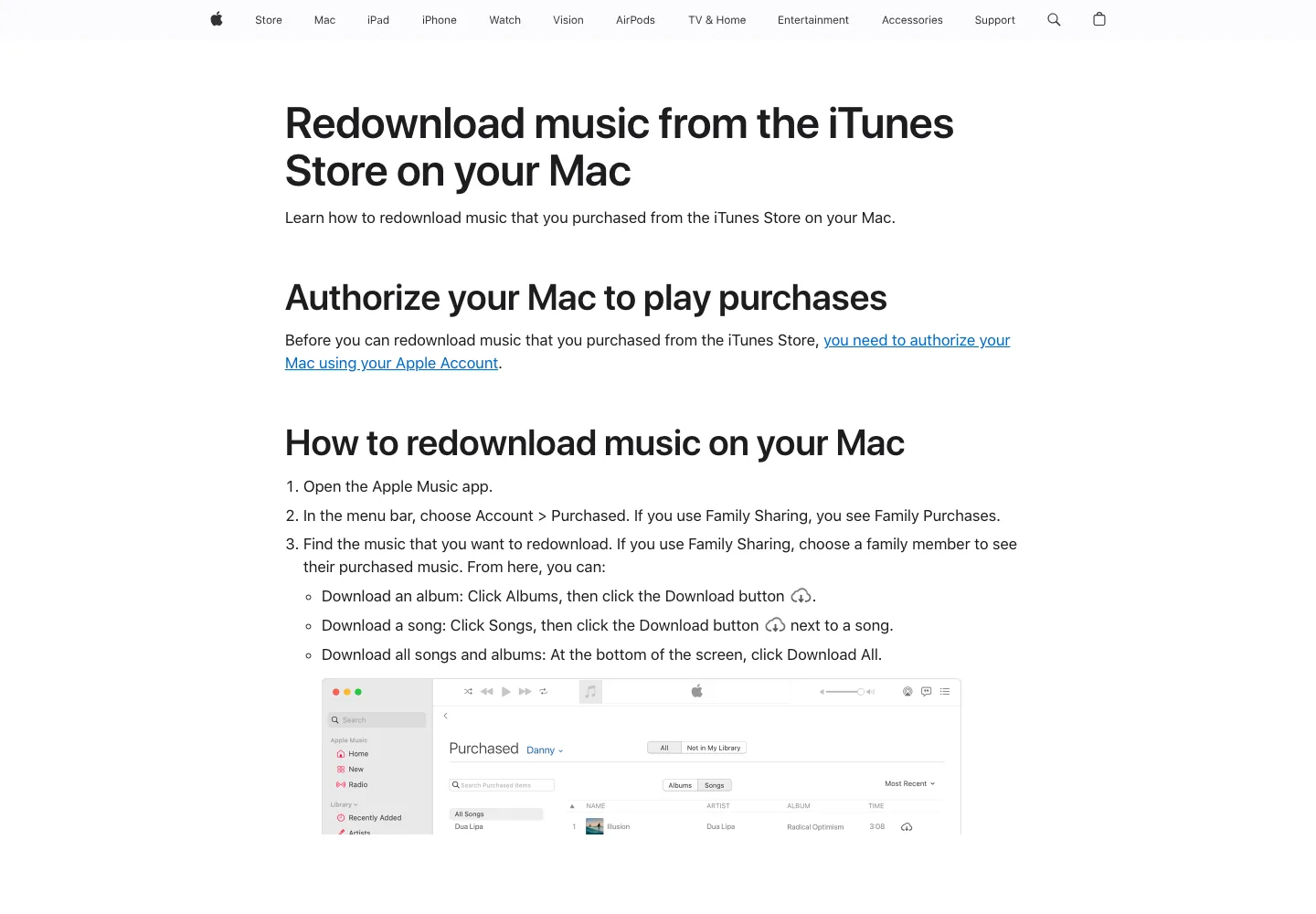 Apple support page for redownloading purchased iTunes Store music on Mac