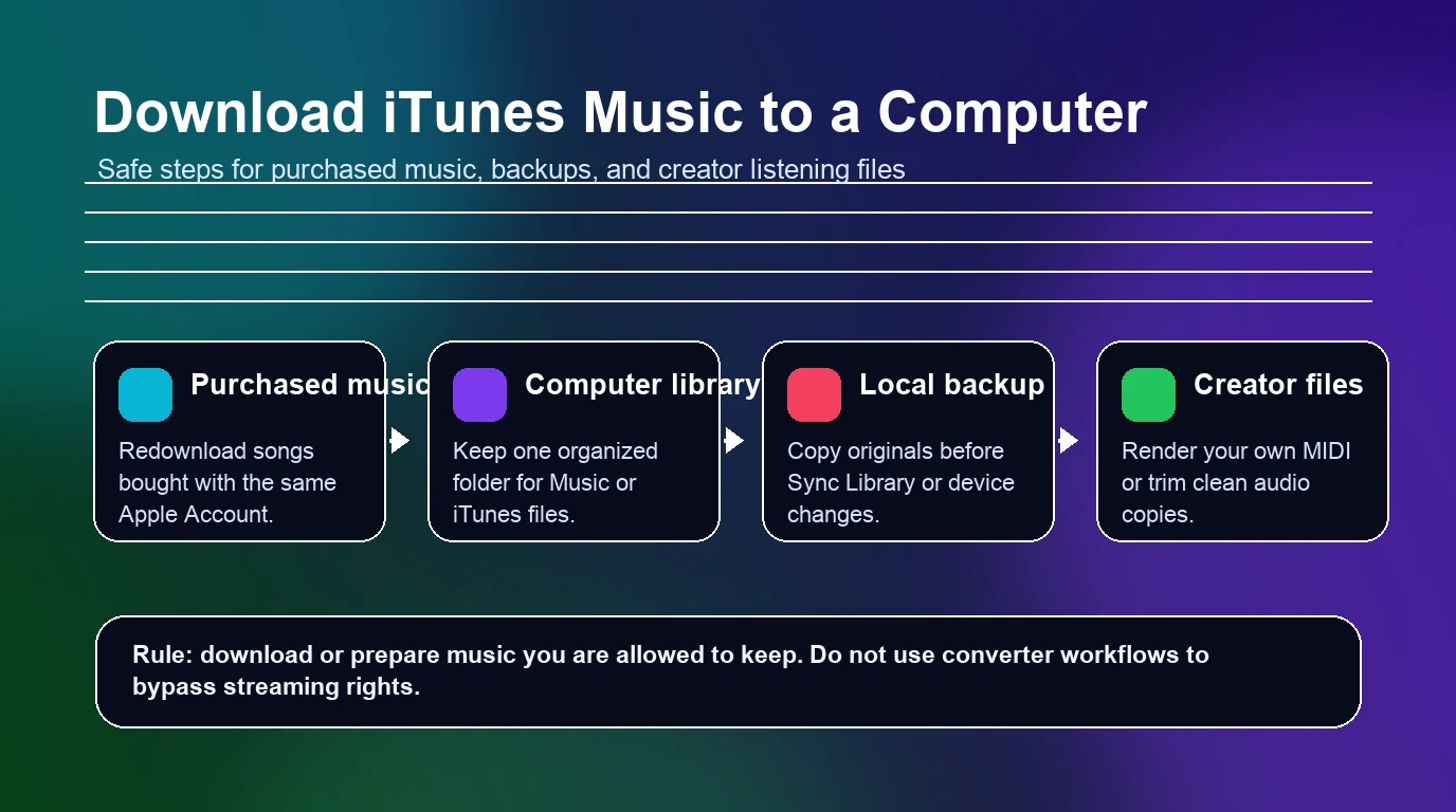 Safe workflow for downloading purchased iTunes music to a computer and preparing creator files
