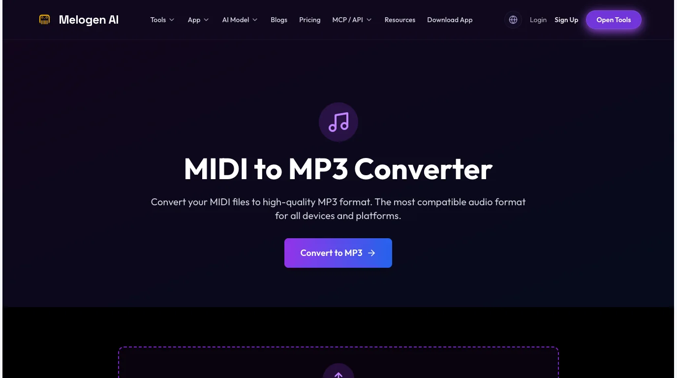 Melogen MIDI to MP3 page for rendering a MIDI sketch into a shareable listening file