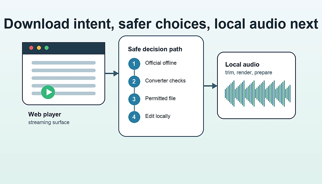 Decision map from Spotify Web Player download intent to official offline listening, converter checks, and local audio editing
