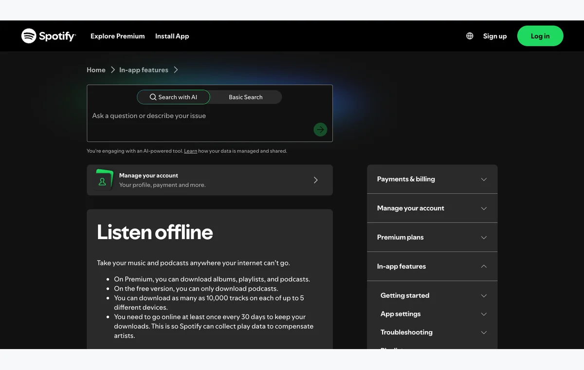 Página oficial de soporte de escucha offline de Spotify