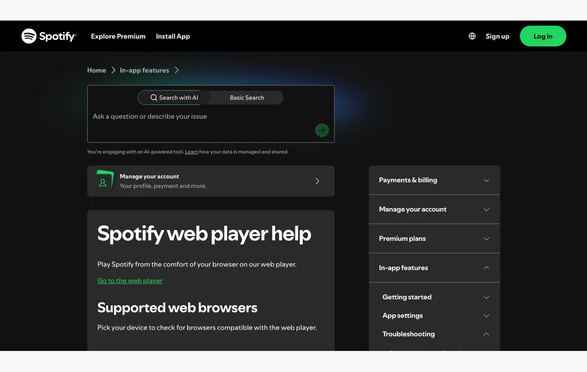 Captura de ayuda de Spotify Web Player