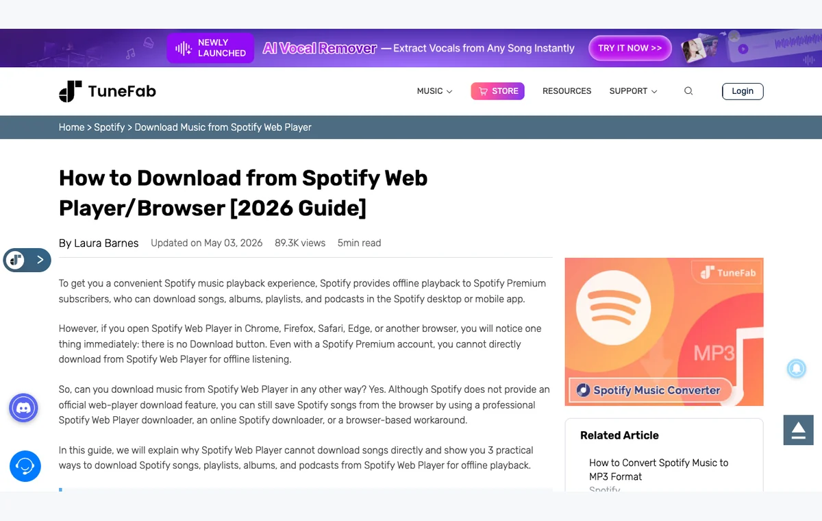 Artículo de TuneFab sobre descargas desde Spotify Web Player