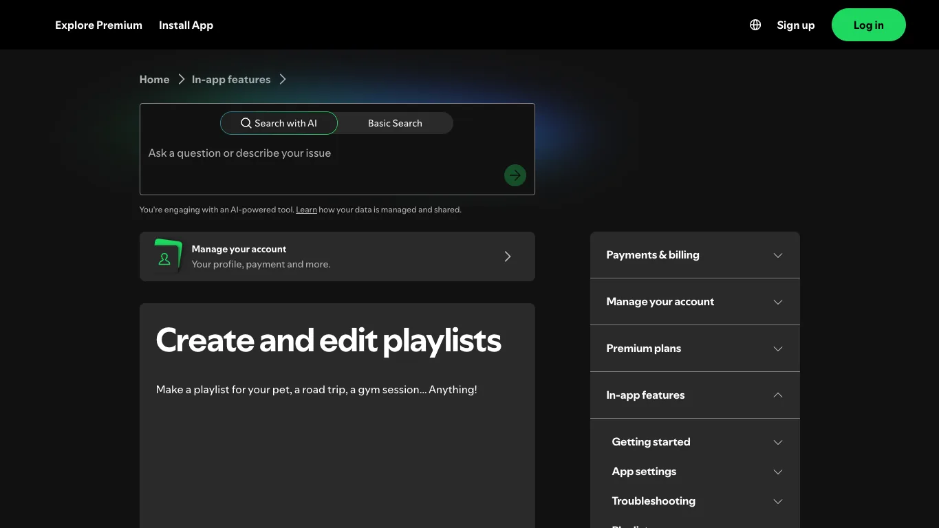 Spotify support page for creating and editing playlists