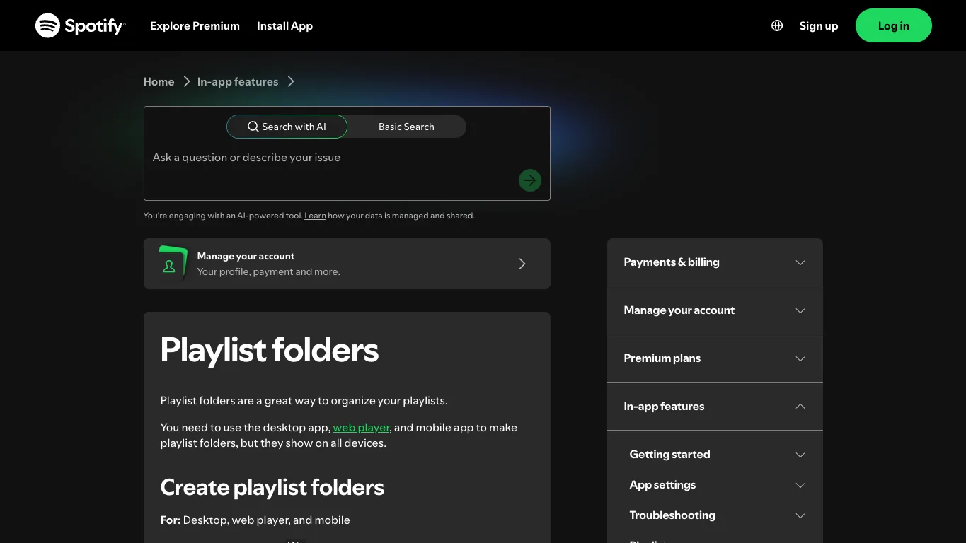 Spotify support page for playlist folders