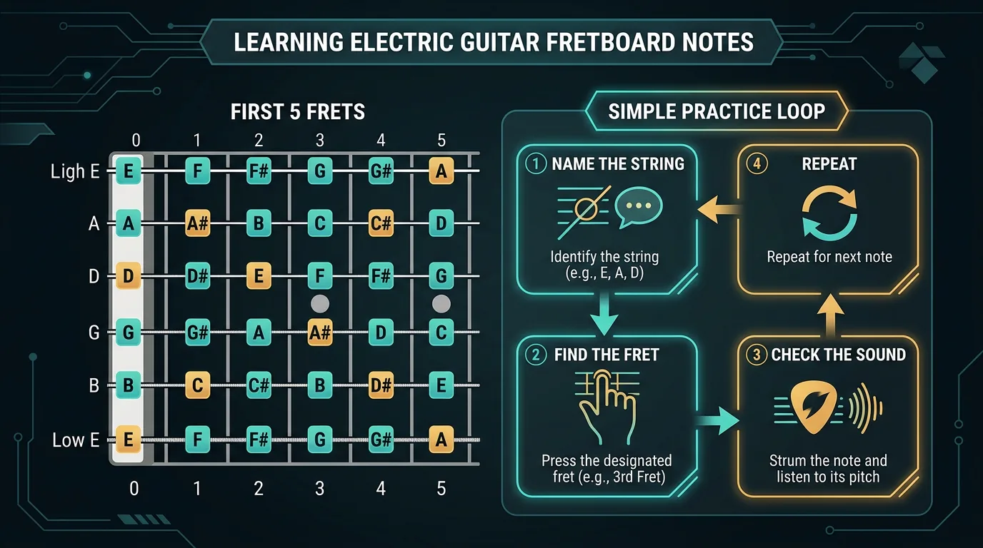 First five frets practice map for locating electric guitar string notes in standard tuning