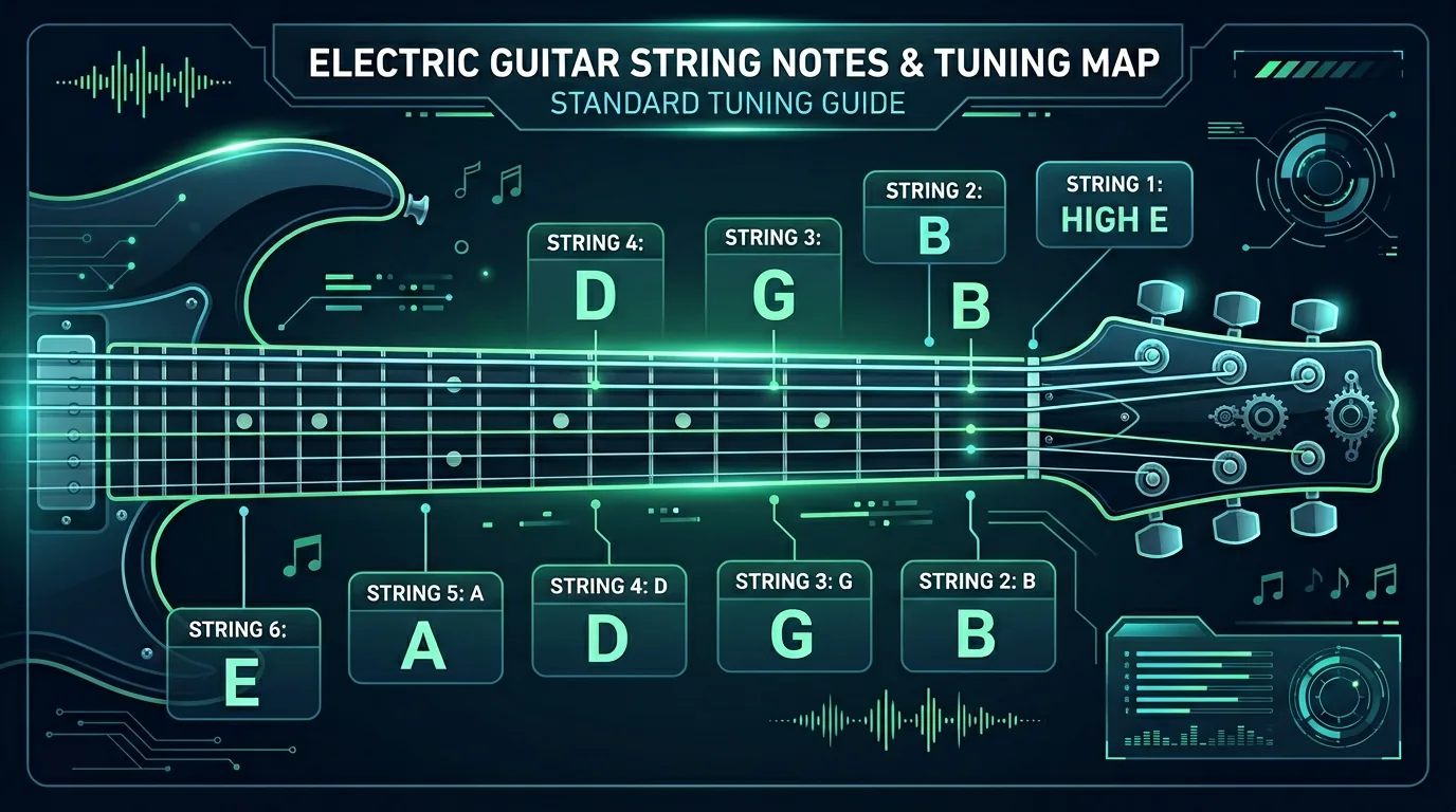 Standard electric guitar tuning map showing E A D G B E string notes from low to high