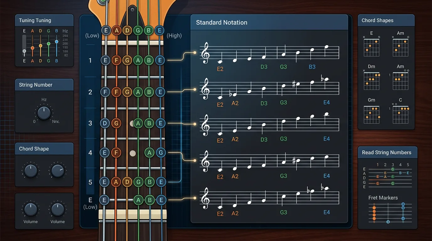 Electric guitar string note map with standard tuning and fretboard orientation