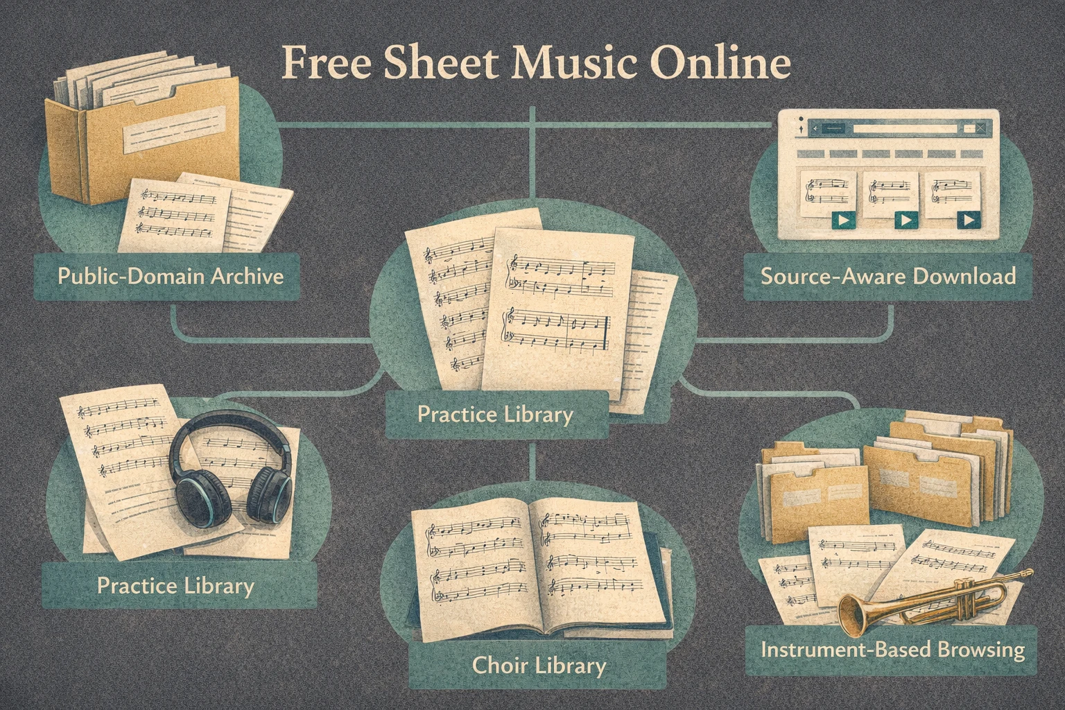 Source map showing archive, practice, choir, and browsing routes for free sheet music online