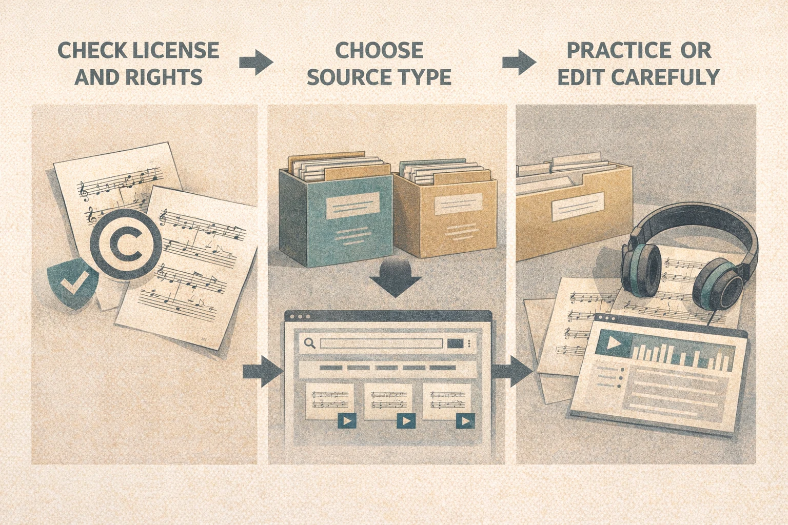 Workflow infographic for checking rights, choosing the right source, and moving a downloaded score into practice or editing