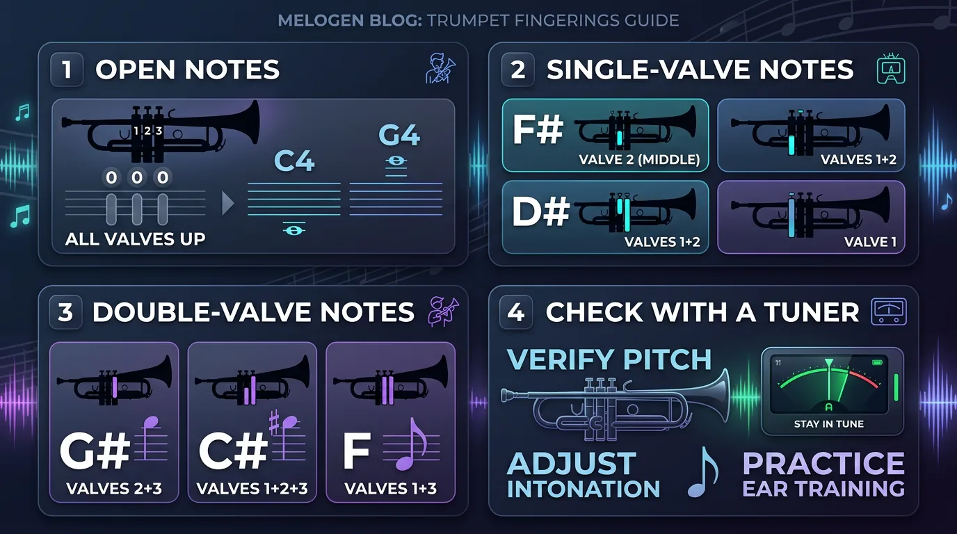 Trumpet valve pattern map showing open notes, single valves, double valves, and practice checks