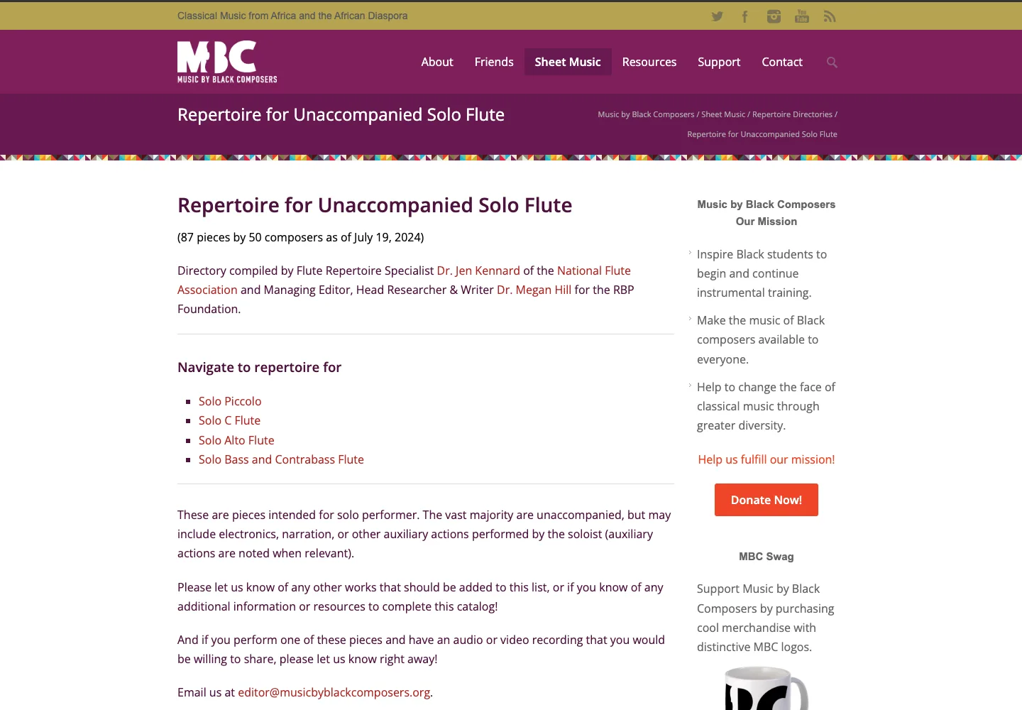 Music by Black Composers solo flute repertoire directory with composer and repertoire context