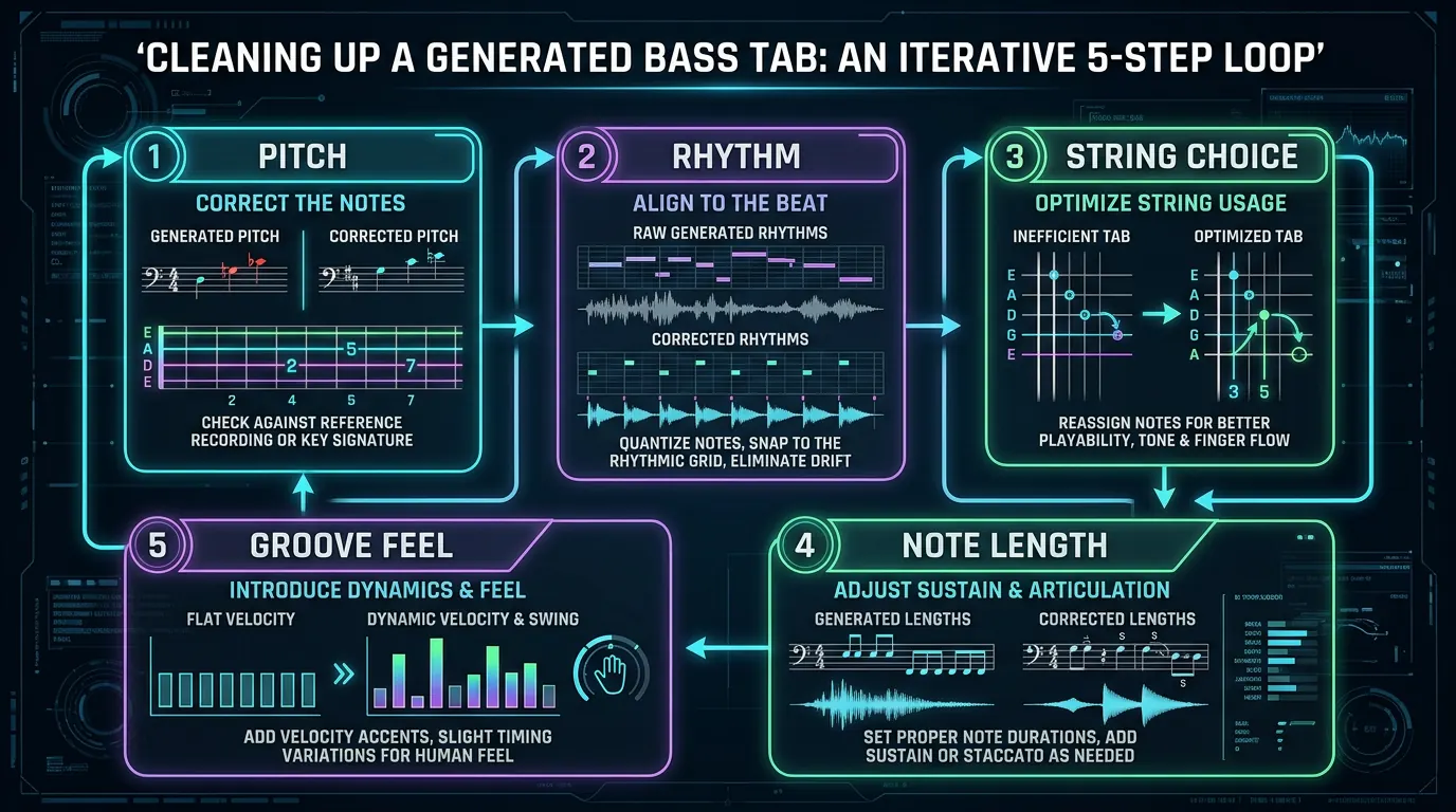 Bass tab cleanup loop checking pitch, rhythm, string choice, note length, and groove feel