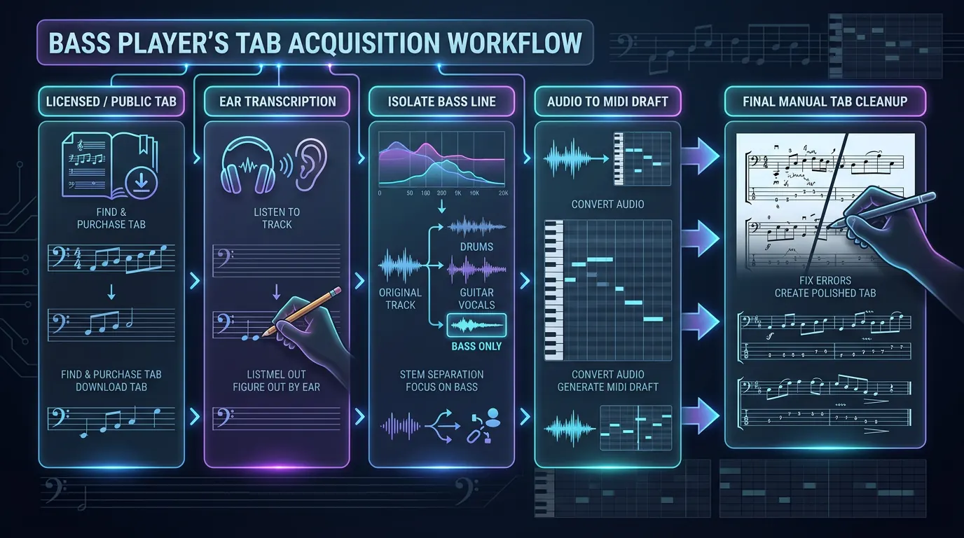 Decision workflow for choosing licensed tabs, ear transcription, isolated bass audio, or MIDI before writing bass tab