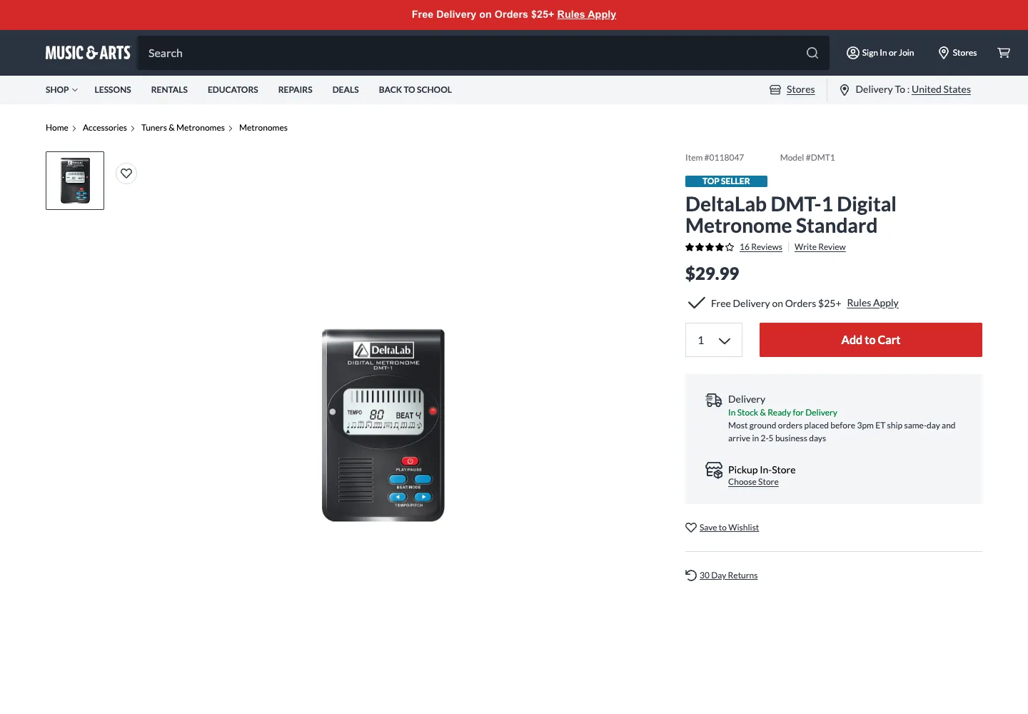 DeltaLab DMT-1 official retailer page showing the metronome, current price, and availability