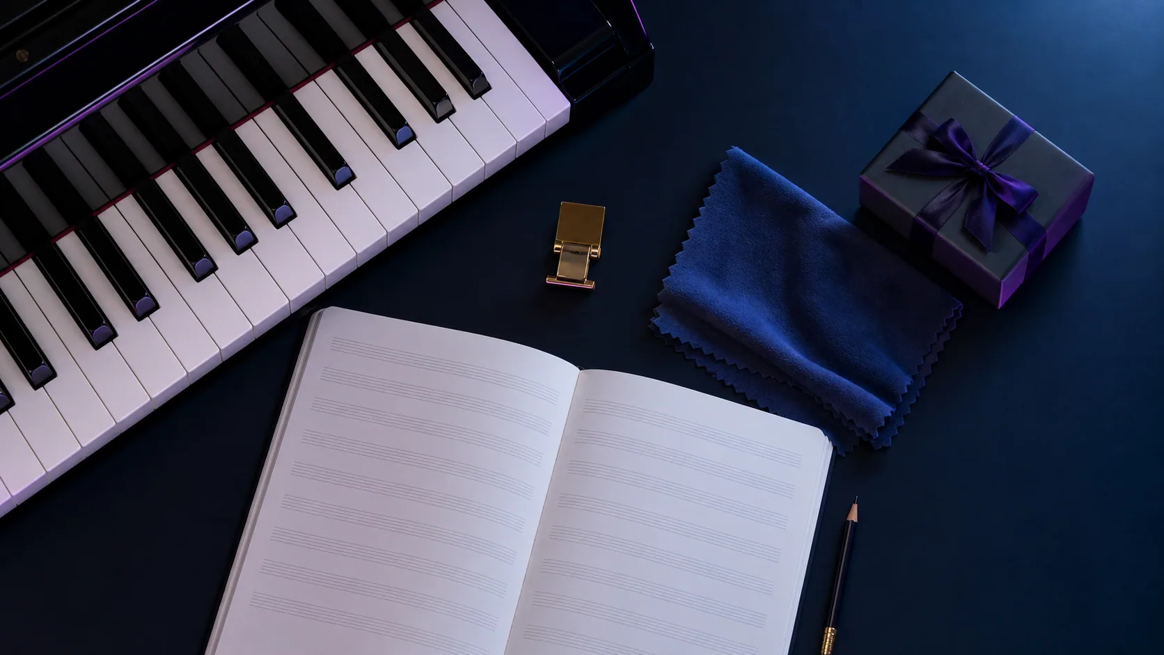 Piano keyboard beside manuscript paper, a music clip, cleaning cloth, pencil, and wrapped gift