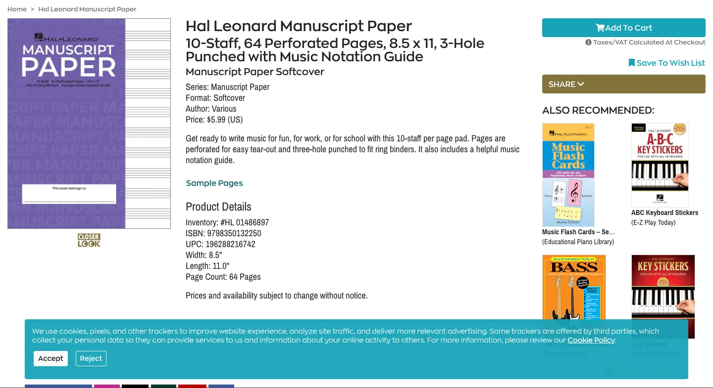 Hal Leonard manuscript paper official product page showing the score pad, specifications, and price