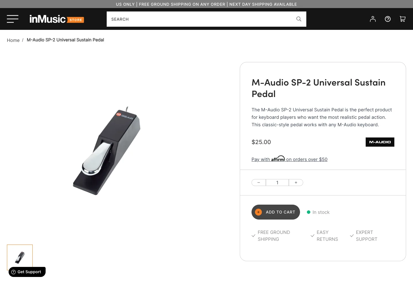 M-Audio SP-2 official store page showing the sustain pedal, current price, and stock status