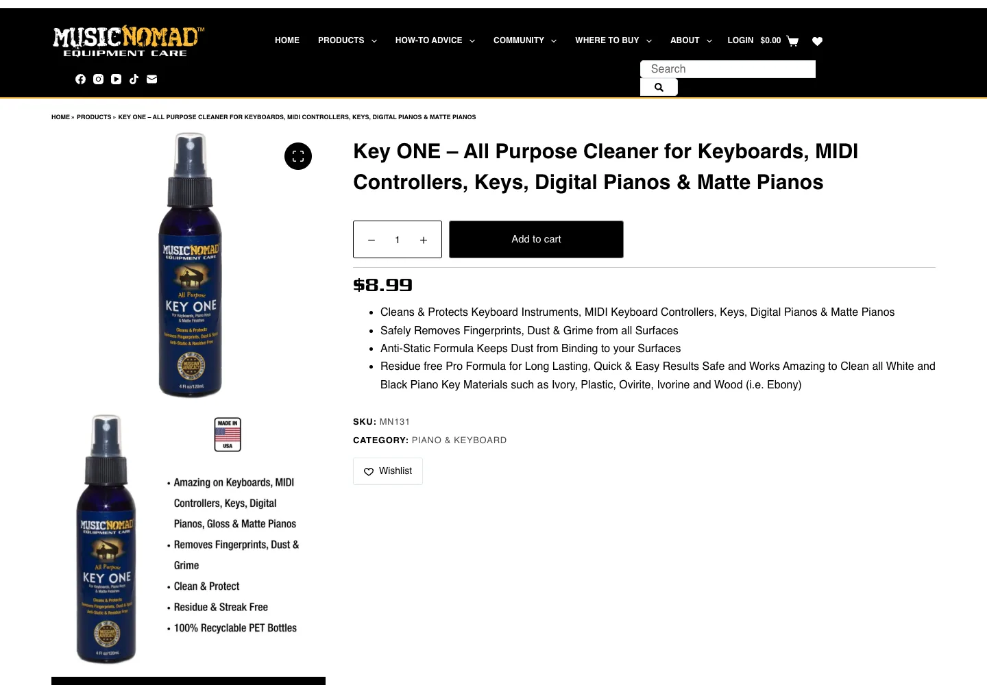 MusicNomad Key ONE official page showing the cleaner, price, and supported keyboard surfaces