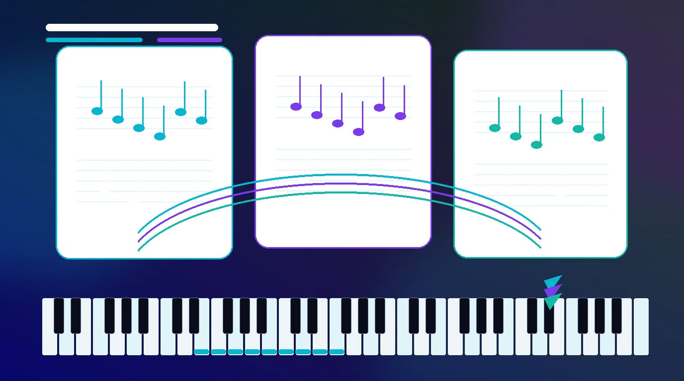 Beginner piano song sheets flowing into a keyboard practice range