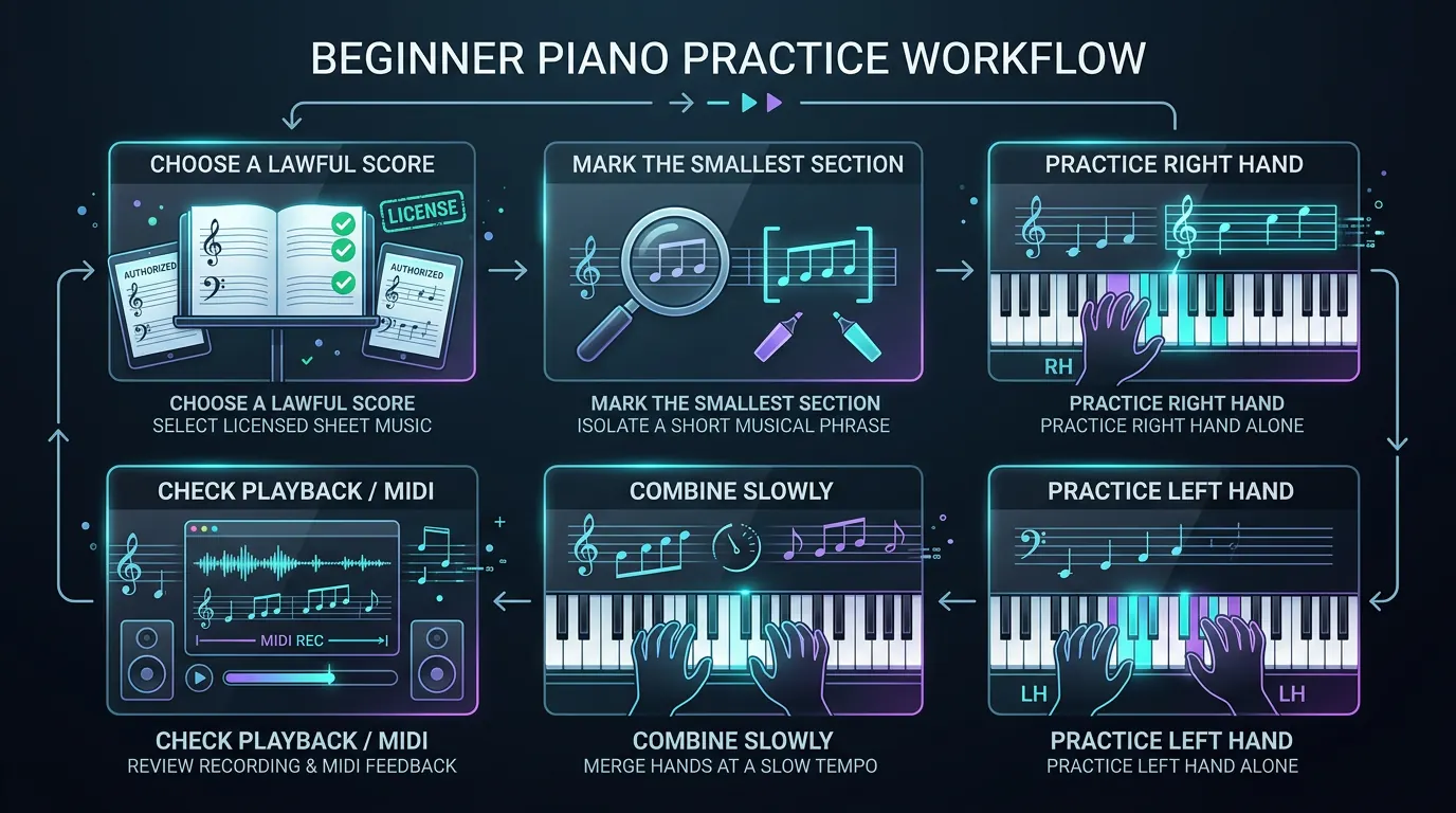 Beginner piano song practice loop from legal score source to slow hands-separate practice and playback check