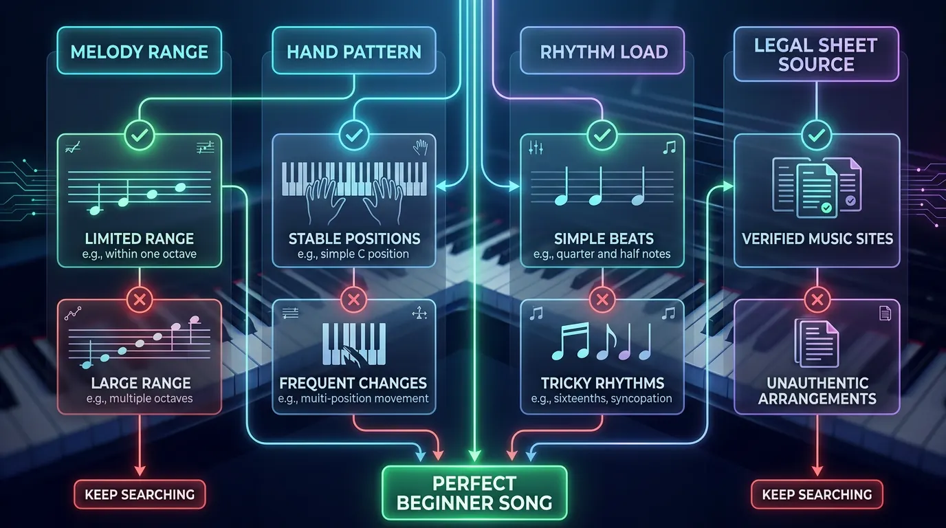 Piano song selection map comparing melody range, hand pattern, rhythm, and legal source checks