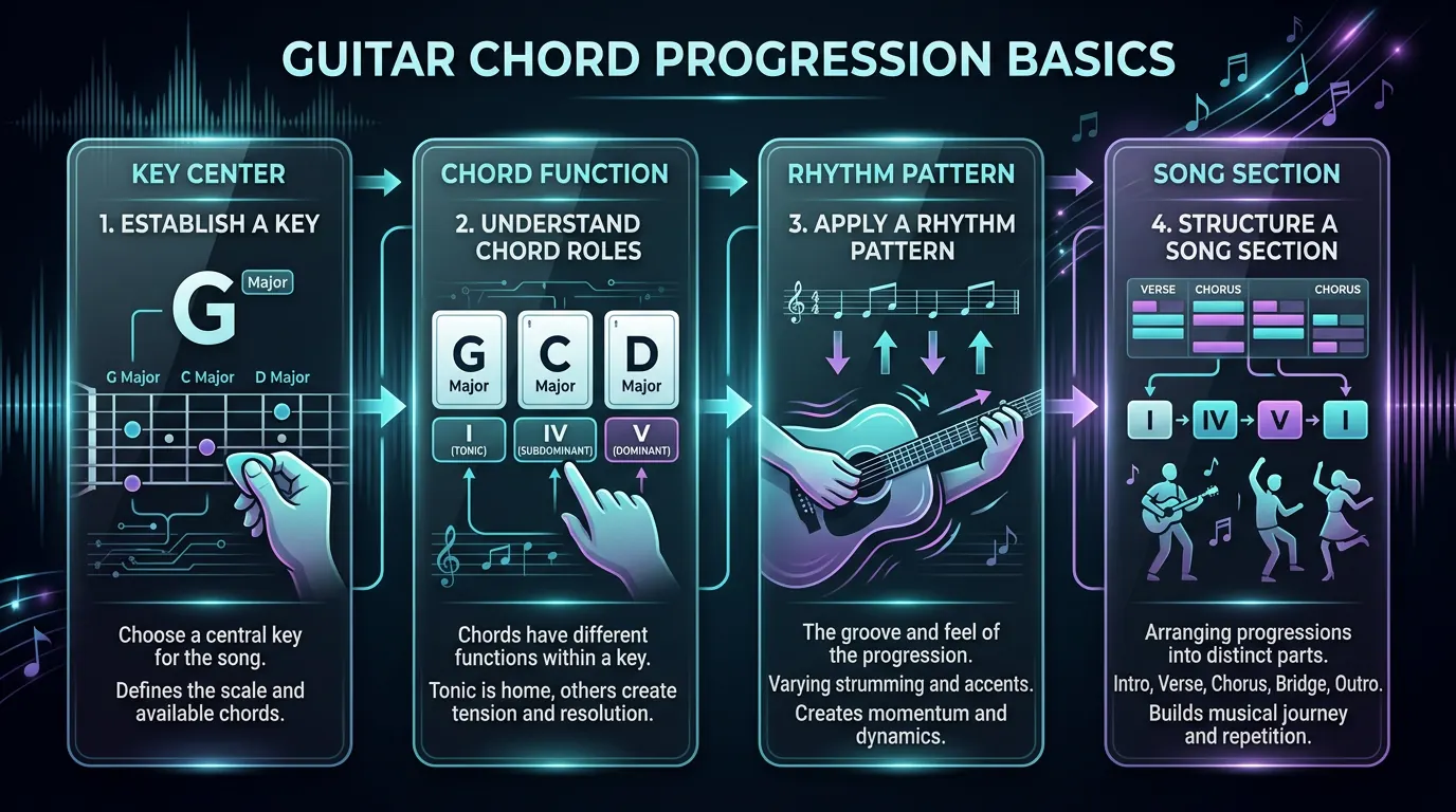 Guitar chord progression decision map comparing key, chord function, rhythm, and song section