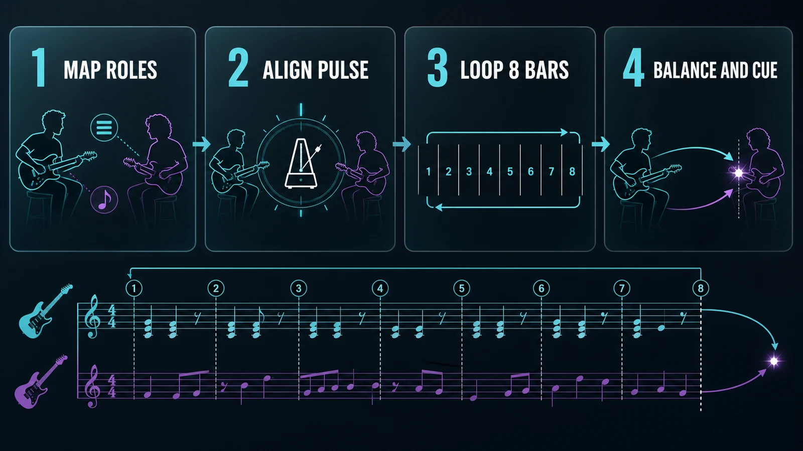 Four-step guitar duet rehearsal loop: map roles, align pulse, loop eight bars, then balance and cue