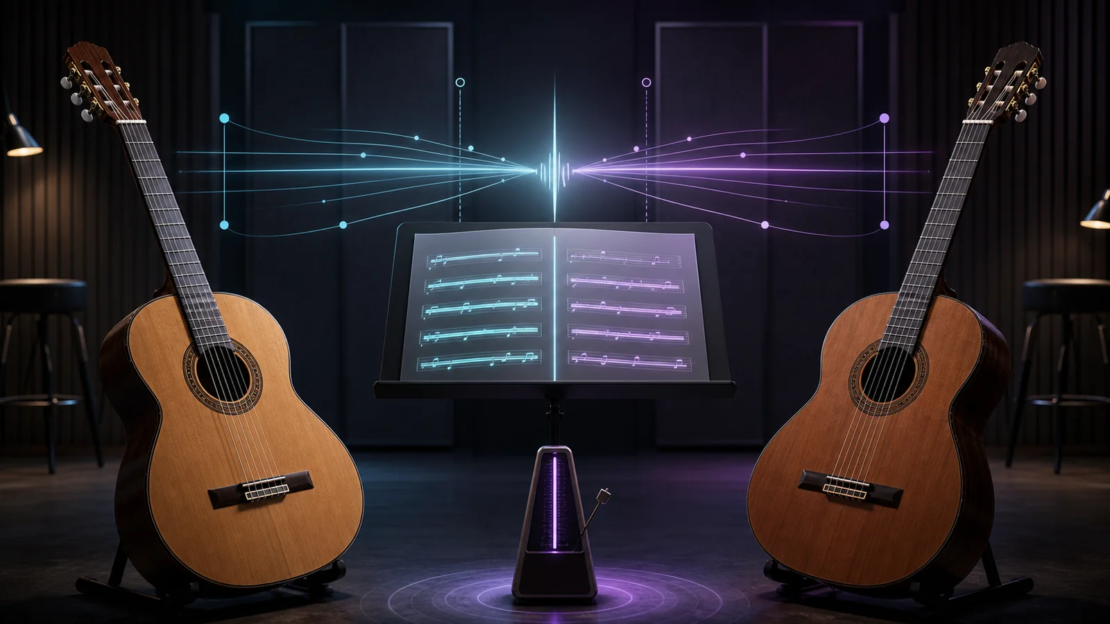 Two classical guitars facing a shared score and synchronized pulse