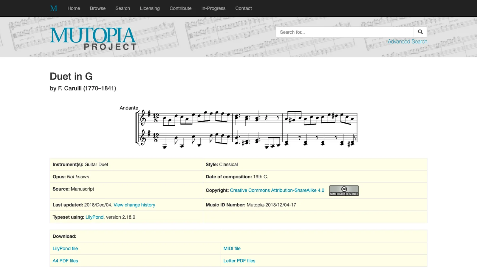 Mutopia Project page for Carulli's Duet in G showing guitar-duet instrumentation, license, and downloads
