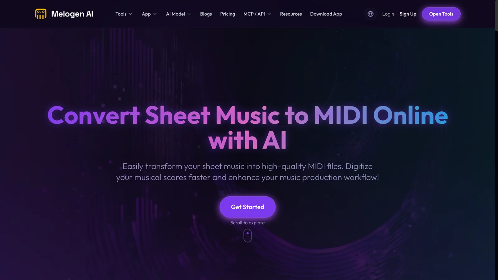 Melogen Sheet2MIDI page for converting visible sheet music into a MIDI practice reference