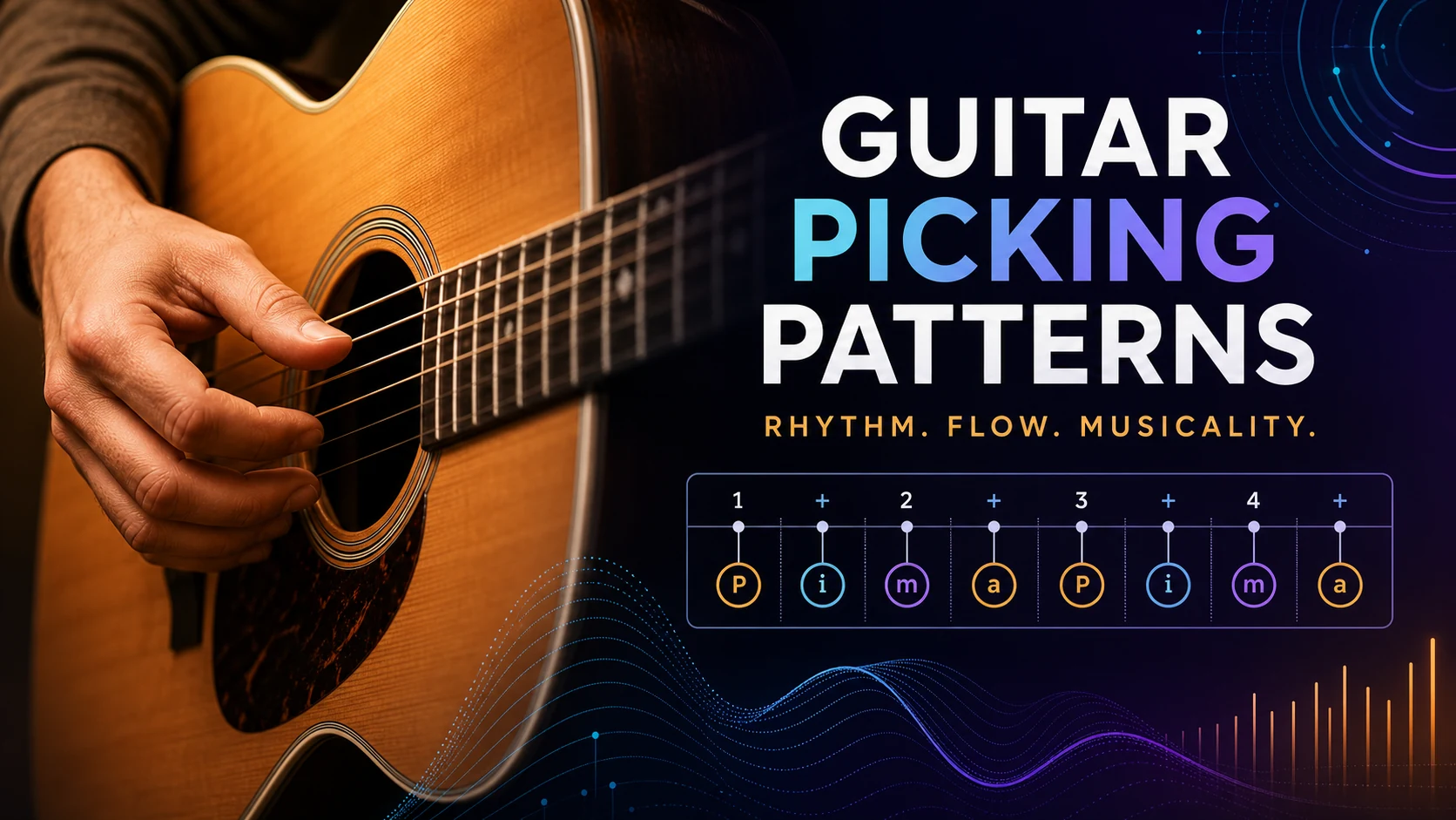 Guitar picking hand with a repeating rhythm grid for practice