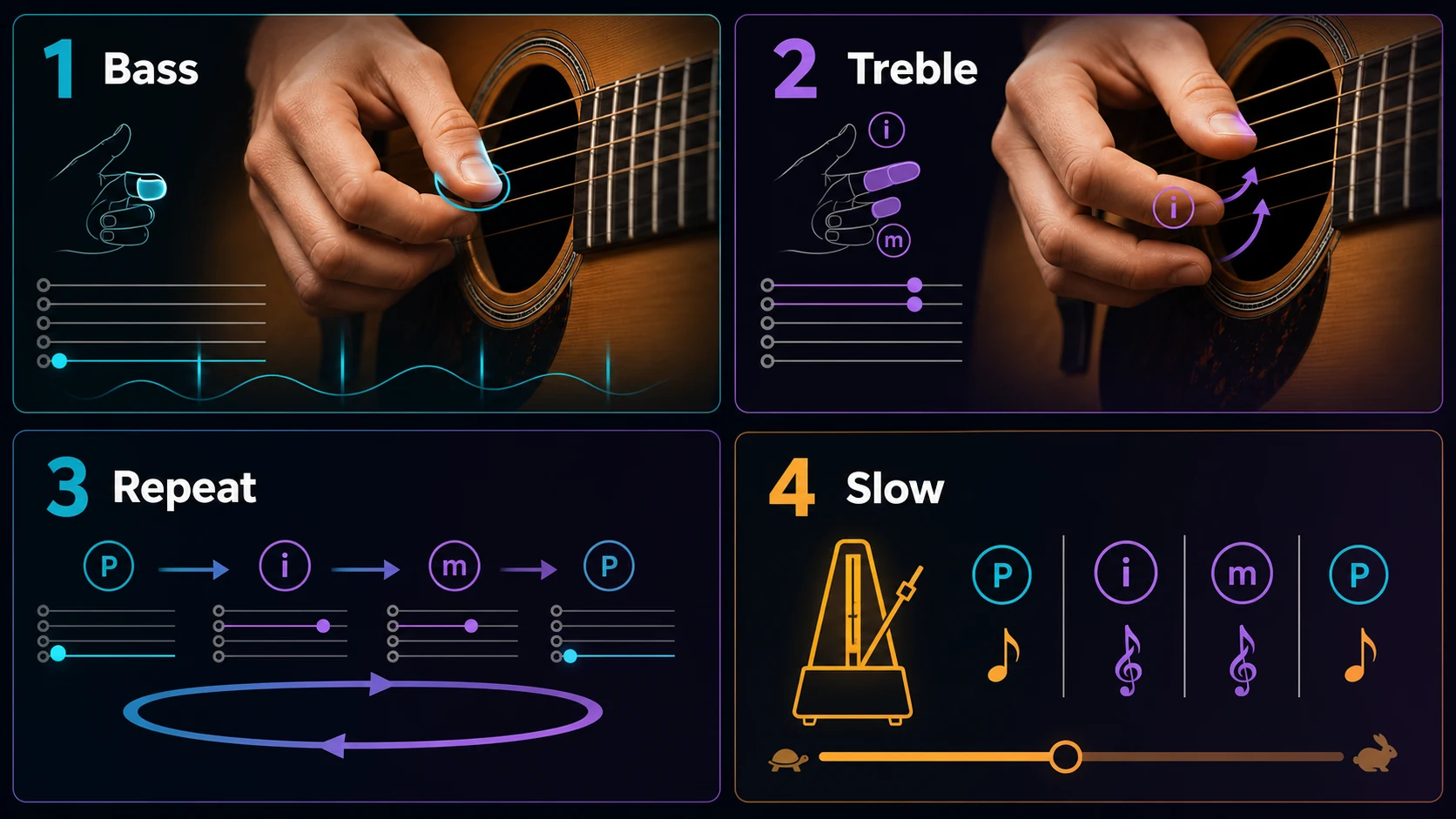 Four-panel guitar picking pattern cycle showing bass, treble, repeat, and slow practice steps