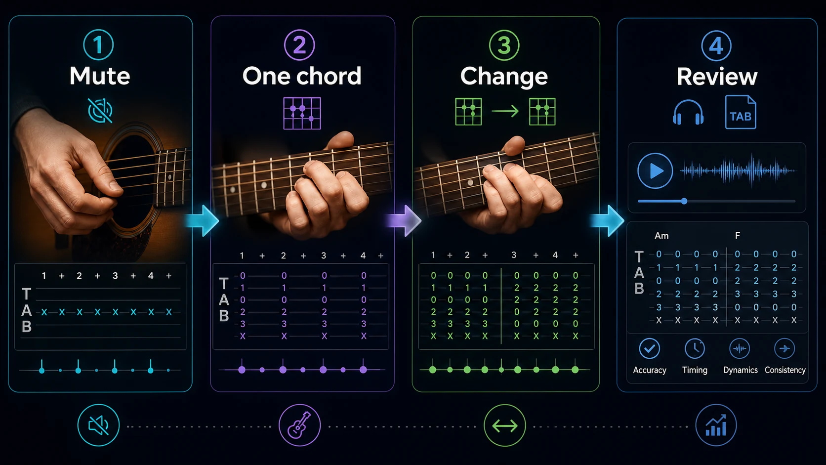 Guitar picking practice loop moving from muted strings to one chord, chord changes, and review