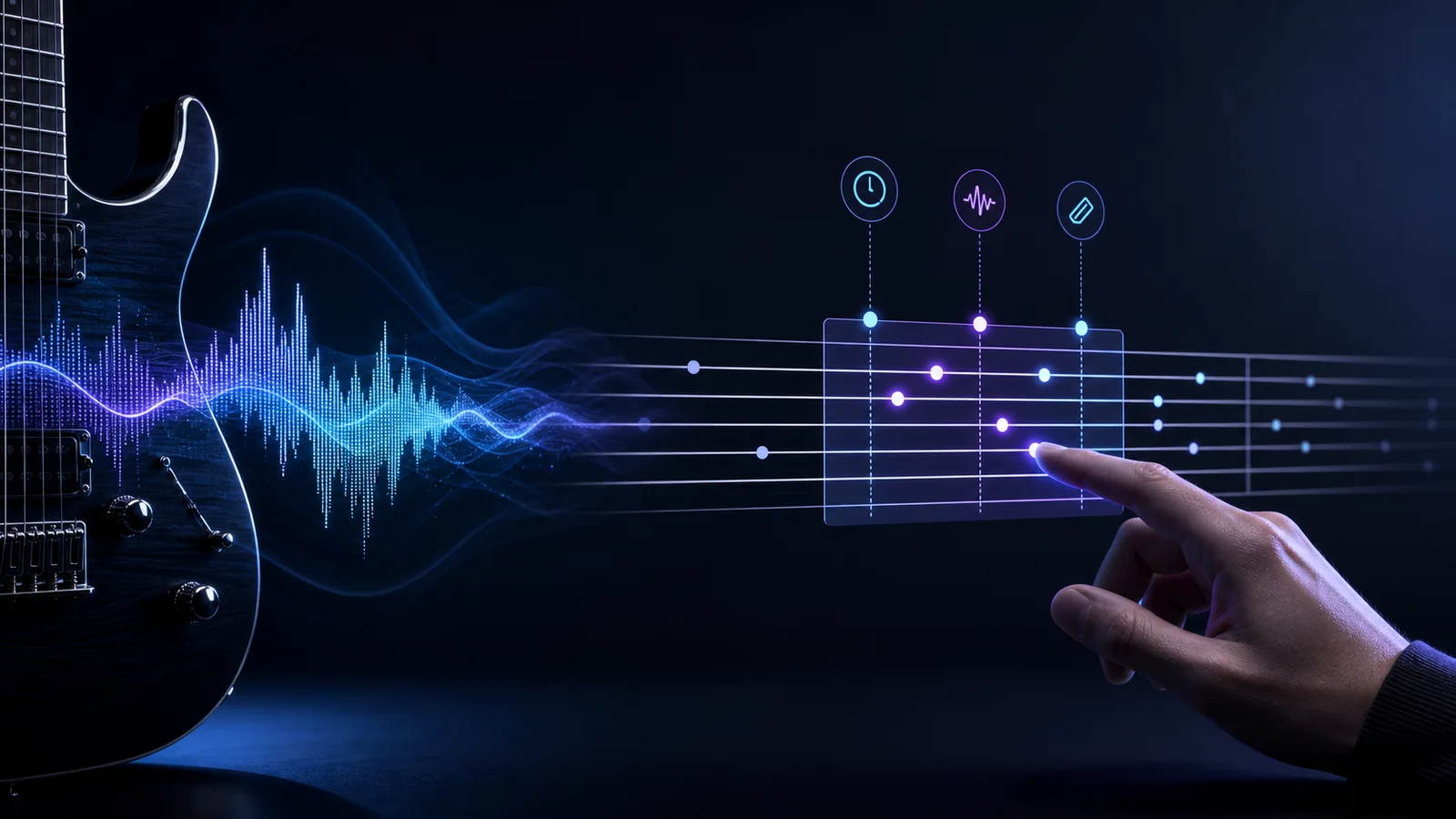 Guitar audio waveform becoming tablature with timing, pitch, and string-choice correction points